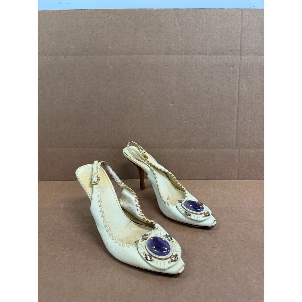 Vintage Prada Leather Whipstitch Cabochon Slingback Heels Cream Size 36.5 EU